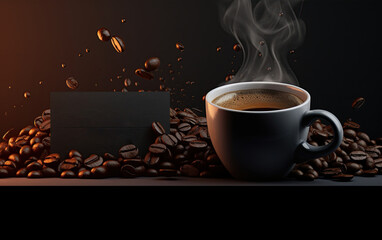 Black coffee banner. Cup of coffee and coffee beans. Blank space to add label, text, logo. Mockup template. Ai generative
