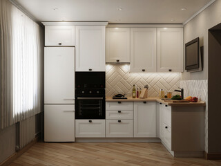 Modern wooden white kitchen in the interior