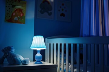 Cozy nighttime scene in a baby nursery with a glowing blue lamp, a stuffed toy, and a crib under soft evening light.