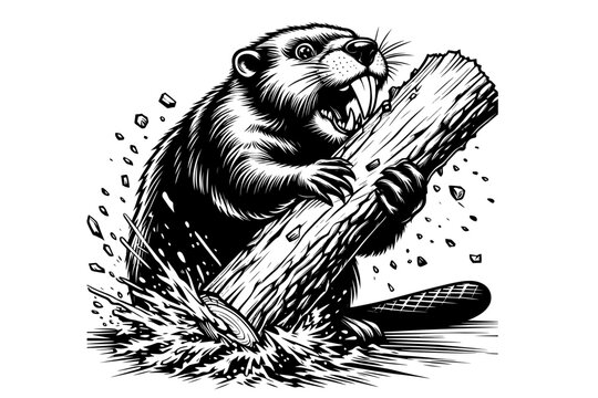 Funny beaver gnawing a tree trunk monochrome clip art. Vector illustration