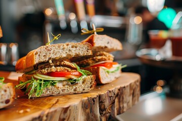 Gourmet sandwiches with fresh vegetables, crispy fried chicken, and leafy greens served on rustic bread on a wooden board in a cozy bistro.