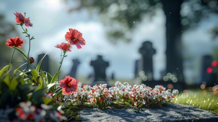 memorial day background concept, flowers and gravestone with copy space