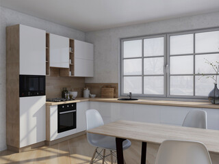 Modern wooden white kitchen in the interior