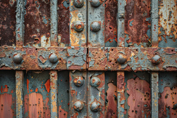 A close-up of a weathered metal gate, with rust and patina adding texture and character. 