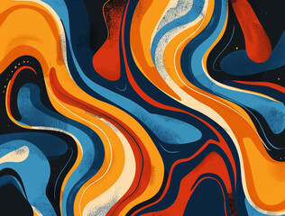 Abstract background with swirling patterns and fluid shapes in blue, orange, red, yellow, and black.