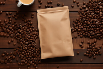 mockup craft paper pouch bag top view over wooden table lying at coffee beans