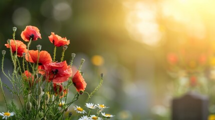 Obraz premium memorial day background concept, flowers and gravestone with copy space