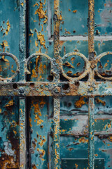 A close-up of a weathered metal gate, with rust and patina adding texture and character. 