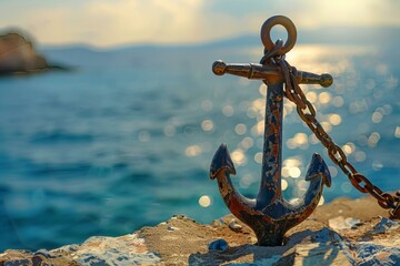 A anchor on a rock near the water