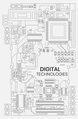 Circuit board diagram of a digital device. Vector illustration. Sketch for creativity.