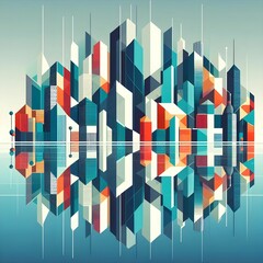 Naklejka premium Stylized, geometric cityscape, reflecting in water, vector illustration