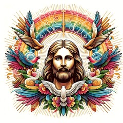 A colorful artwork of a jesus christ with a rainbow and birds has illustrative image harmony art.