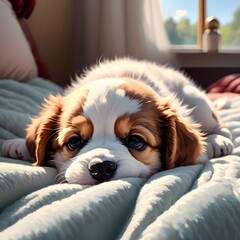 AI generated illustration of a puppy lying on a sunny bed