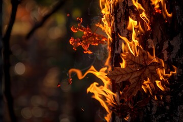 Close-up of dry autumn leaves burning in a forest, attached to tree bark, with vibrant flames and dark background.