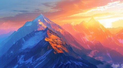 Majestic sunrise over a mountain range, with the sky ablaze with colors and the first light of dawn illuminating the rugged peaks.