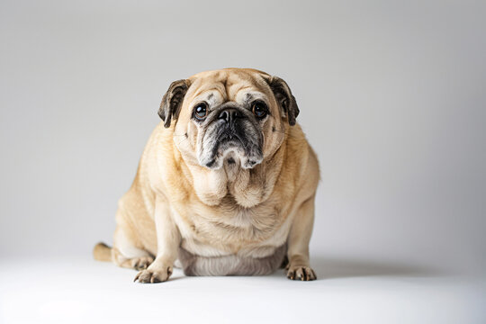 Very obese fat pug dog sitting in front of  gray background