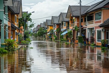 Obraz premium Flooded street with houses and trees in the middle of it