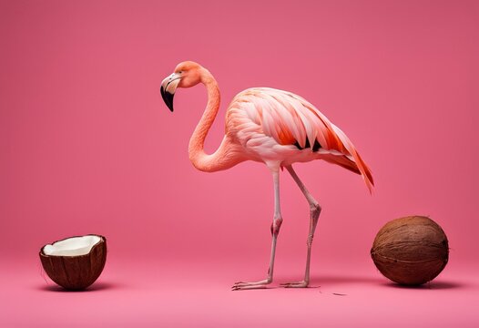 flamenco con un coco abierto sobre un fondo de color rosado