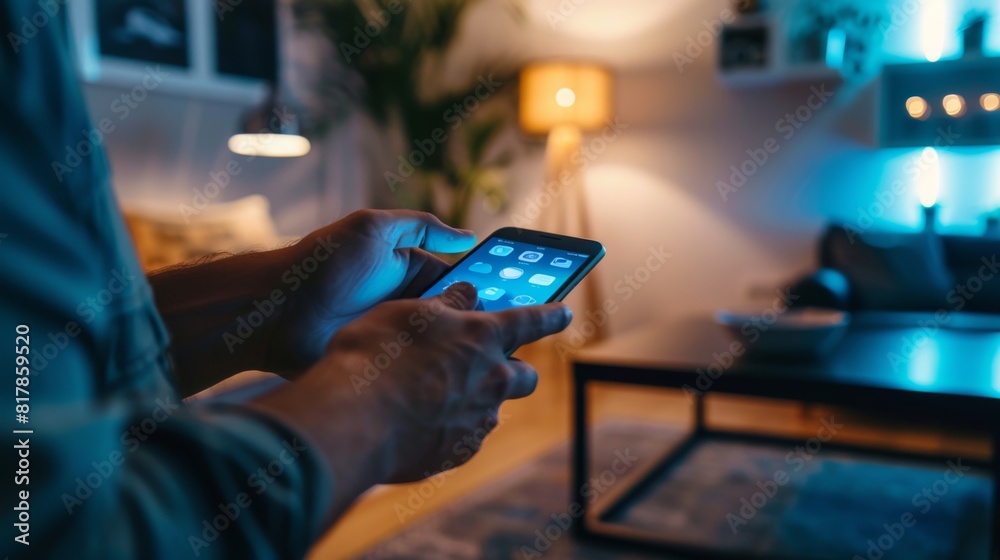Fototapete man's hand using a smartphone controlling smart home automation assistant. smart home concept