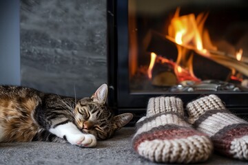 Naklejka premium A tabby cat peacefully sleeping beside a cozy fireplace with a pair of knitted slippers on the floor.