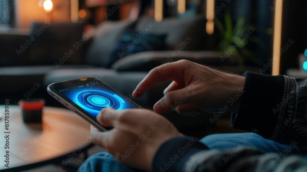 Aufkleber man's hand using a smartphone controlling smart home automation assistant. smart home concept