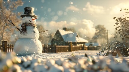 A picturesque countryside scene dusted with snow, featuring a cheerful snowman enjoying the winter tranquility