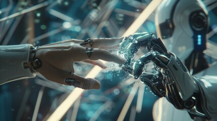 Fototapeta premium Metaverse technology, Hand of robot and human connected on network metaverse, Technological