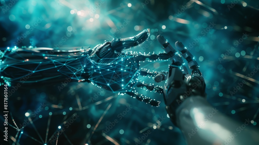 Poster metaverse technology, hand of robot and human connected on network metaverse, technological transiti