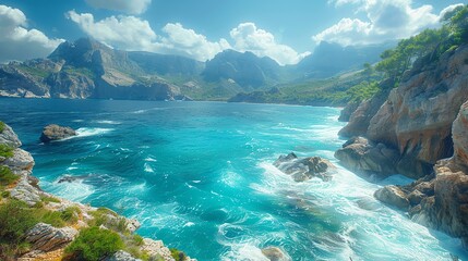 Obraz premium Coastal cliffs with turquoise waters, dramatic waves crashing against the rocks