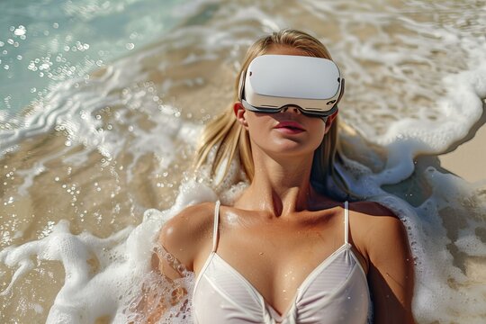 Blond woman in white bikini using virtual reality headset on beach