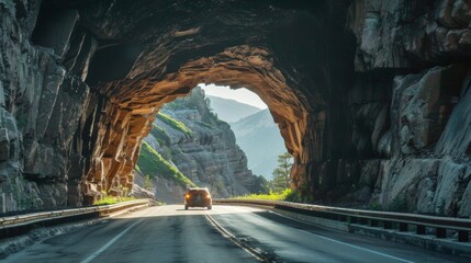 Motorists driving through a mountain tunnel carved into solid rock, with glimpses of sunlight...