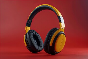 Naklejka premium Yellow and black headphones on a red surface