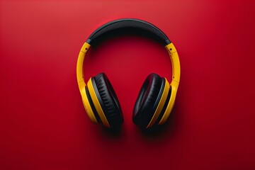 Yellow and black headphones on a red surface