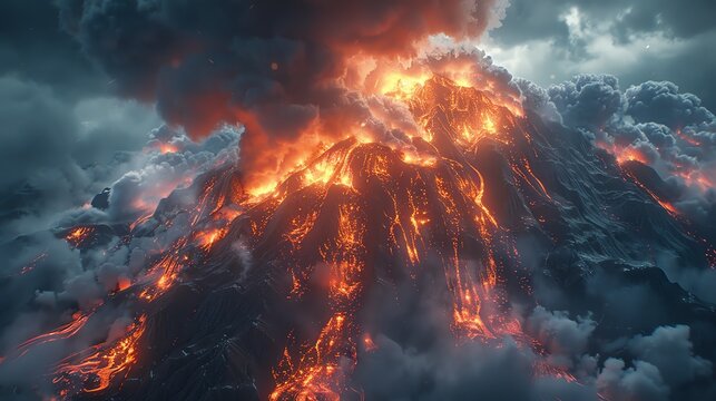 Dramatic volcanic landscape, lava flowing and ash clouds creating a powerful scene