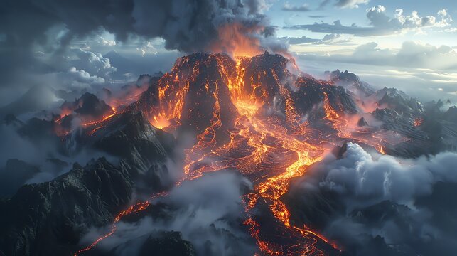 Dramatic volcanic landscape, lava flowing and ash clouds creating a powerful scene