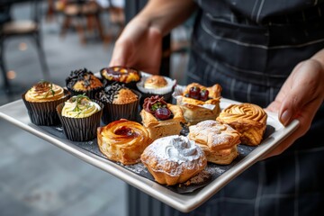 A person holding a tray filled with various beautifully decorated pastries and cupcakes, ready for serving in a cafe or bakery setting.