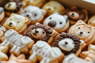Obraz premium A collection of intricately decorated animal-themed cookies featuring lions, bears, dogs, and other animals in a close-up view.
