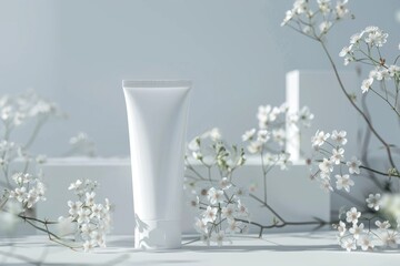 Elegant Cosmetic Tube on Minimalist Pedestal with Natural Elements