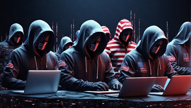 USA hacker flag. Cyber army silhouettes with laptops. Hooded people use computers. Hackers from united states. American flag with binary code. USA cyber forces. Hackers creating malware. 3d image
