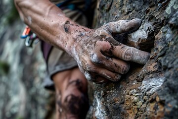 Obraz premium Close-up of a climber's hand gripping a rocky surface, covered in chalk and dirt for a secure hold during rock climbing.