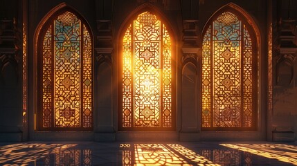 islamic mosque window with golden metal windows. warm sunlight trough the islamic mosque windows...