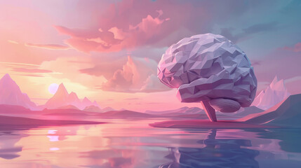 Low poly art of a brain puzzle in a serene minimalist scene, using geometric simplicity to convey mental clarity