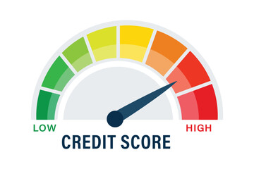 Credit Score Monitoring Dial Illustration with Indicator Arrow from Low to High, speedometer and gauge