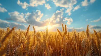 Fototapeta premium Golden wheat field swaying in the breeze under a bright summer sky, rustic and serene