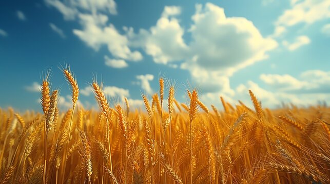 Golden wheat field swaying in the breeze under a bright summer sky, rustic and serene