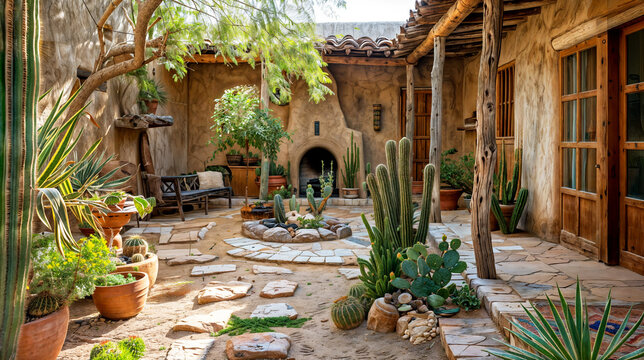 A patio in a southwestern desert home with cactus plants