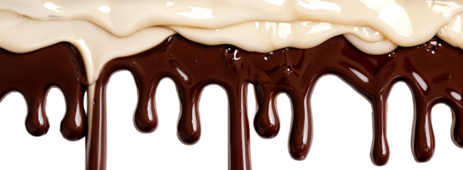 White and brown chocolate pudding is dripping down isolated on a transparent background