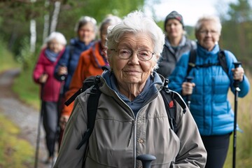 Elderly individuals engaged in Nordic walking in a natural outdoor setting, such as a park or forest