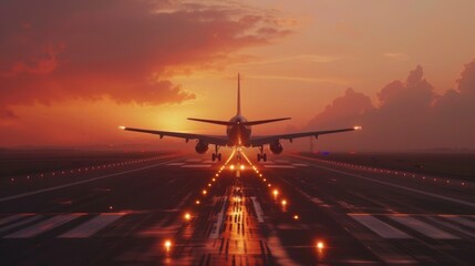 Passenger airplane landing at sunset on a runway