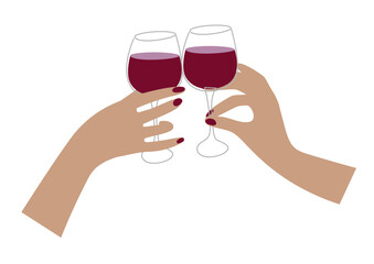 Female hands  clink glasses with red wine. Minimalist style image. Drawing in flat style. Vector illustration